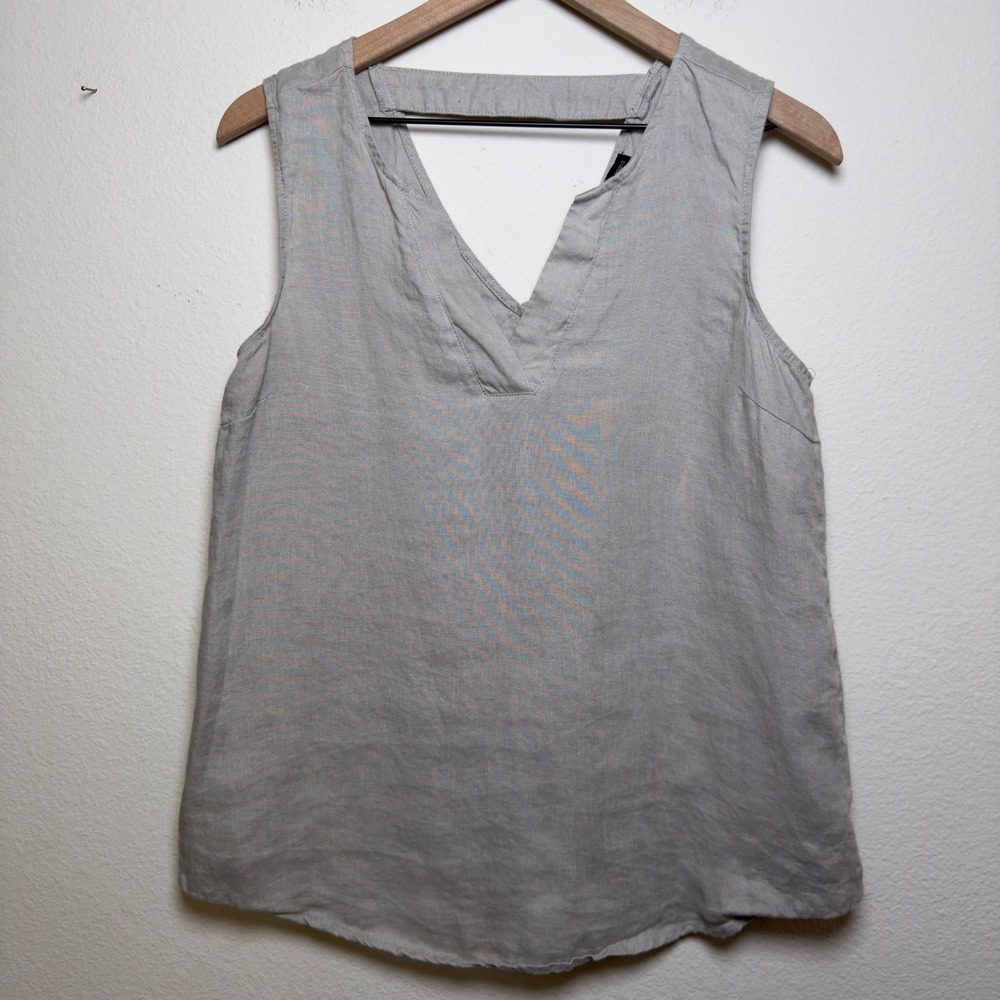 Harve‎ Benard Women 100% Pure Linen Top Medium Gray Lagenlook Coastal V-Neck